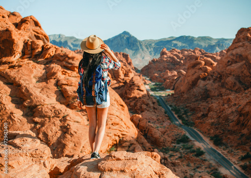 Photography Rear view of woman at famous viewpoint overlooking the Valley of Fire State Park in Mojave desert, Nevada, USA