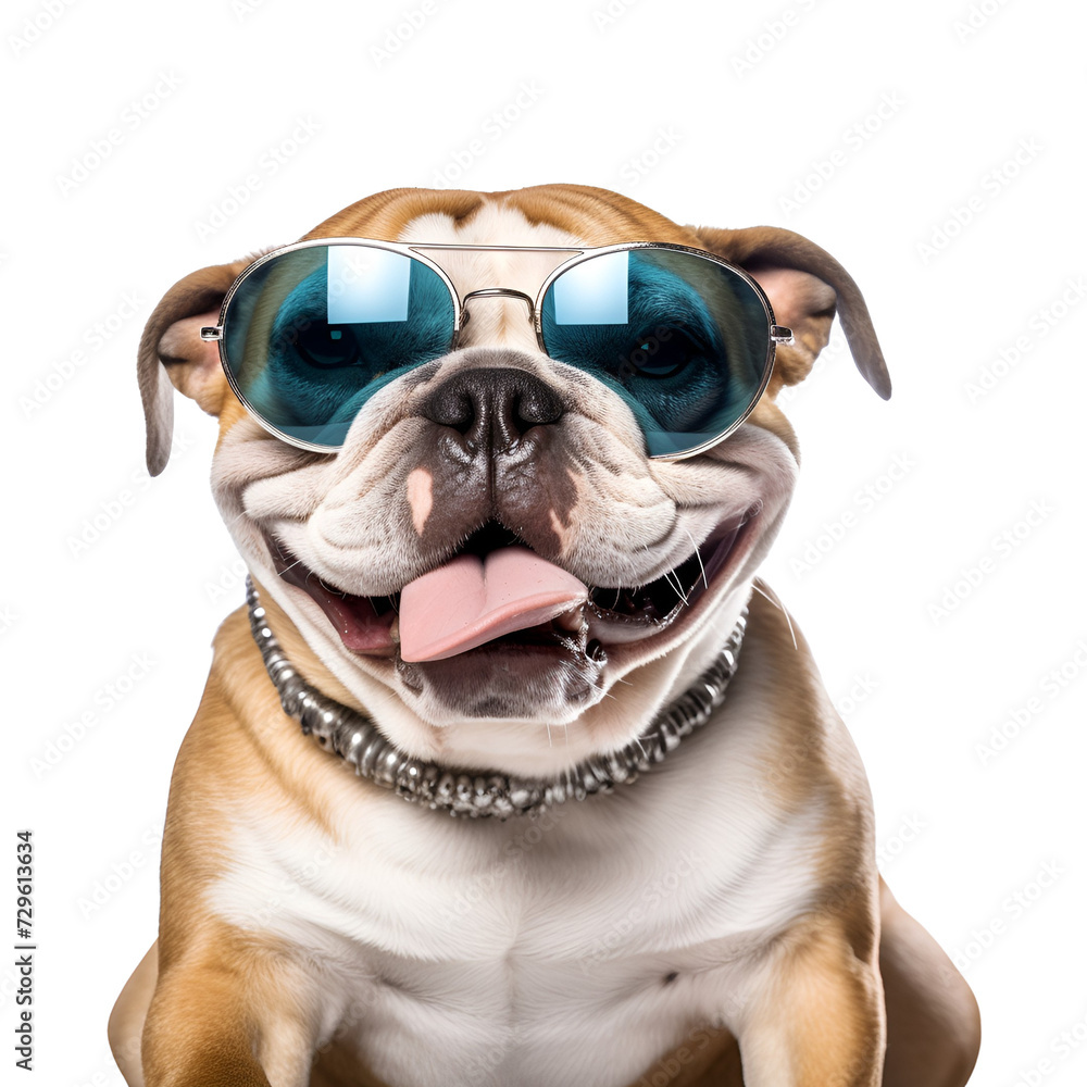 Summer beach ready: A close up of a happy English Bulldog dog with beautiful sunglasses, Isolated on Transparent Background, PNG