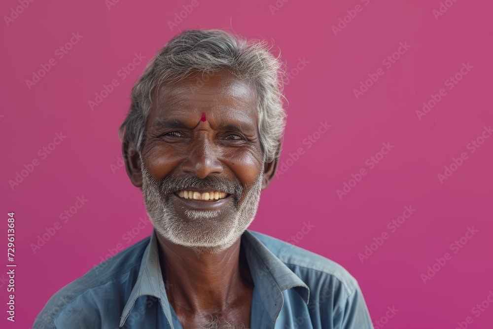 Obraz premium Smiling Elderly Indian Man with a Red Tilak on a Solid Pink Background. Generative AI.