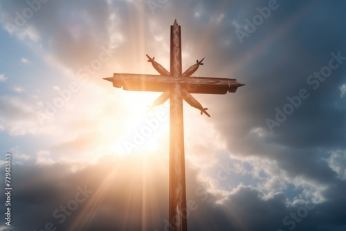 Cross with heavenly light. Blue sky, clouds and sunshine. Symbol of Christianity. AI Generated 