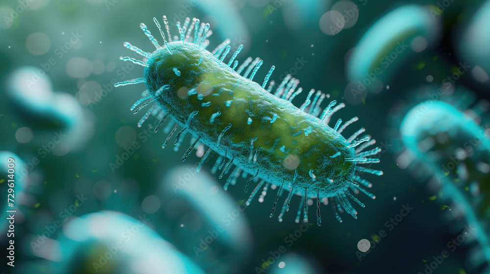 Bacteria with flagella in blue-toned microscopic view, depicting medical or scientific concepts. Bacteria with flagella in blue-toned microscopic view, depicting medical or scientific concepts.