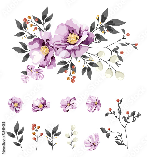 Set of vector images of flowers for the design of postcards.