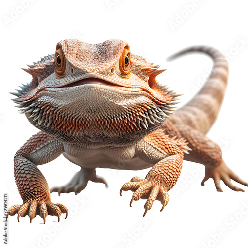 Central Australian Bearded Dragon running towards the camera. Isolated on white background.