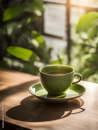 matcha latte in green cup on wooden background
