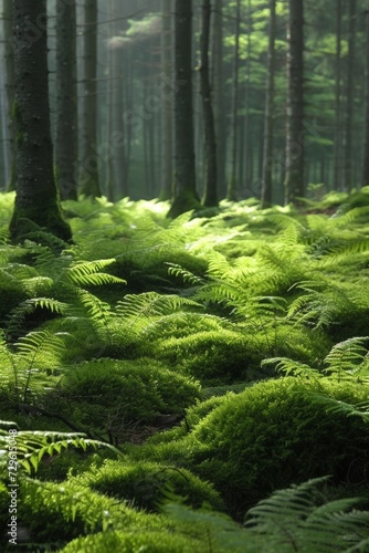 Mossy greens and earthy browns mimic the enchanting ambiance of a forest floor covered in ferns