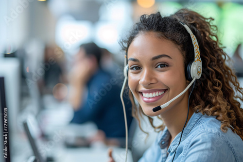 A smiling woman working at a call center