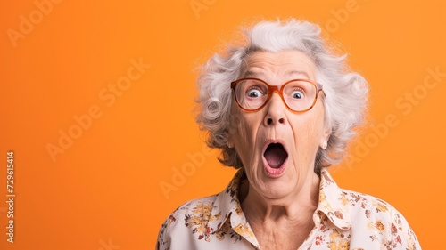 Surprised Senior Woman with Glasses on a Solid Orange Background. Generative AI.