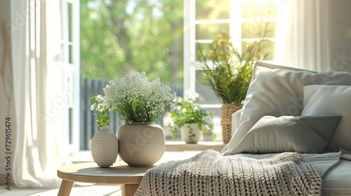 Springtime coziness fills the interior room, complete with blooming potted flowers.