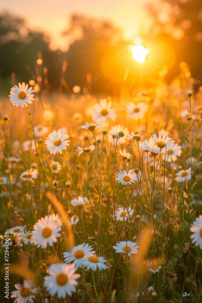 Soft golden tones and delicate wildflowers capture the warmth and beauty of a meadow at sunset
