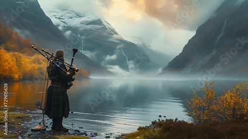 an old celtic bagpipe player with a impressive background of a beautiful sunset scenery of scottish highlands