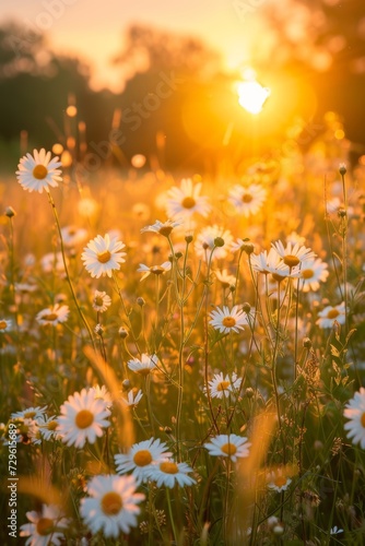 Soft golden tones and delicate wildflowers capture the warmth and beauty of a meadow at sunset © yganko