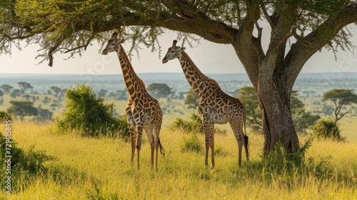 Graceful giraffes grazing peacefully in the dappled shade of an acacia tree © yganko