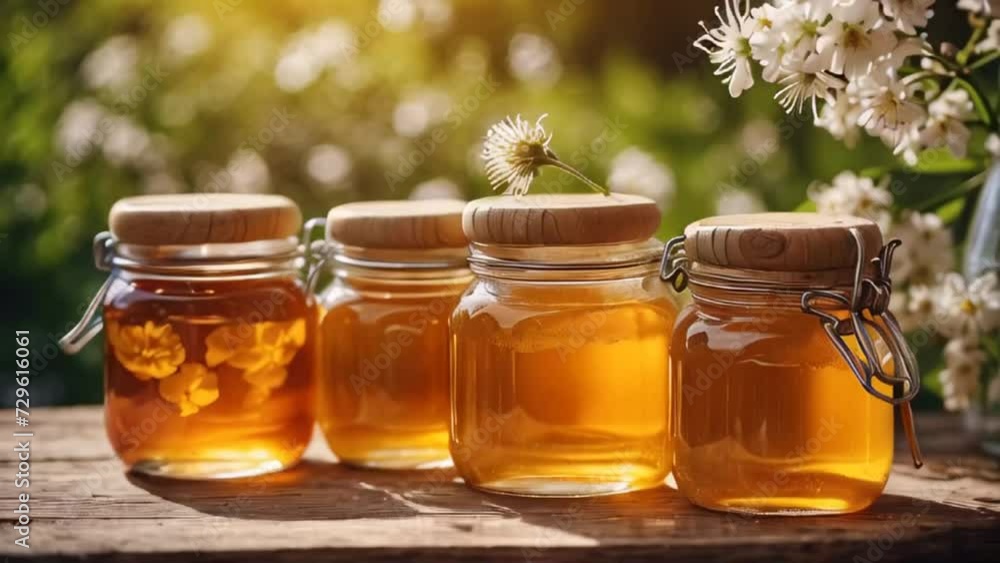 Jars of honey, flowers in nature Jars of honey, flowers in nature