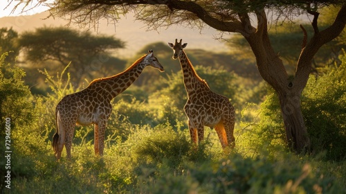 Graceful giraffes grazing peacefully in the dappled shade of an acacia tree