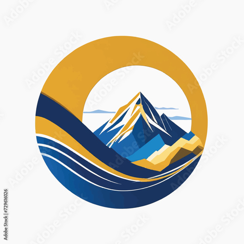 Blue Circle Logo with a Golden eagle and mountain on a white backround , Golden Eagle Majesty: Blue Circle Emblem with Mountain Vista on White. 