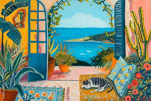 Cozy corner of your home with a cat. Colorful cozy village illustrations in favism style