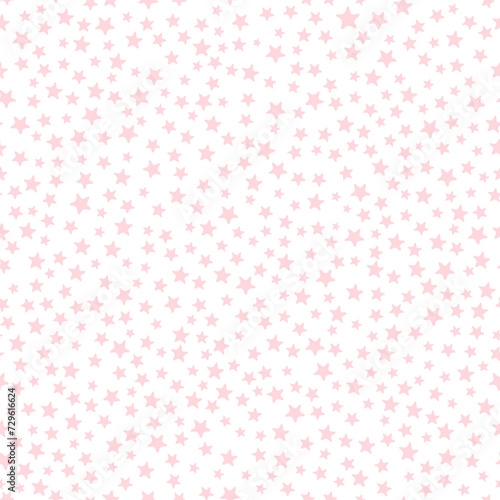 All over vector seamless repeat pattern with ditsy tossed soft pink stars on white background. Versatile everyday baby girl and kids starry backdrop.
