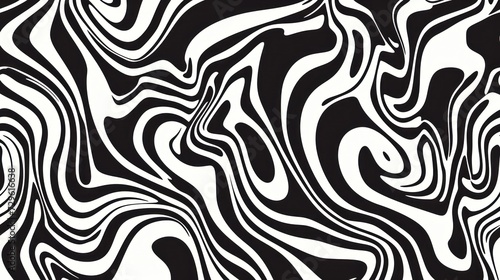 A black and white 2D contour showcases waves  swirls  and twisted patterns in a trendy retro psychedelic style  producing a twisted and distorted flat texture. This simple monochrome image represents 