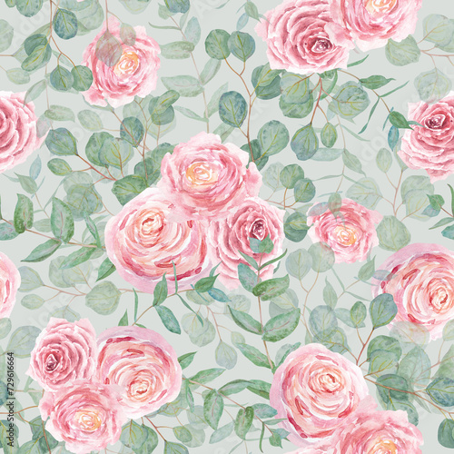 Eucalyptus and pink roses branch watercolor hand drawn floral seamless pattern. Botanical painting of greenery leaves  pink flowers. Element of wedding invitation  print  greeting  textile  packing
