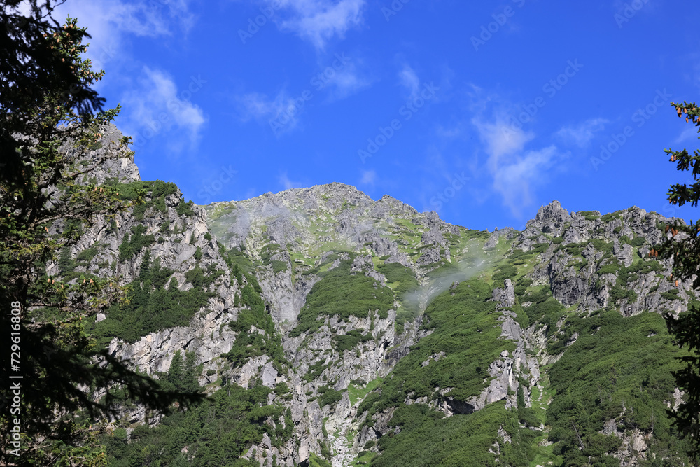 Mountains covered with green vegetation in the Tatra National Park in summer. View from the Mengusovska Valley, Slovakia. Tatras on a blue sky background on a sunny day.