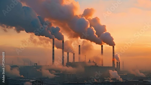 Power plant, steam, smoking chimneys of a coal or metallurgical plant. Air pollution, smog from industrial objects. Environmental issues, emissions, ecology photo