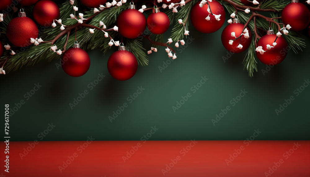 Christmas tree decoration with shiny green balls and snowflakes generated by AI Christmas tree decoration with shiny green balls and snowflakes generated by AI