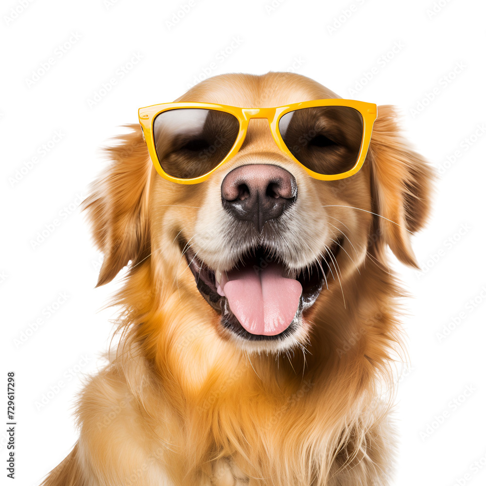 Beautiful Golden Retriever, a happy dog with sunglasses, close up and ready for the summer beach, Isolated on Transparent Background, PNG