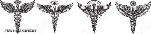 medical sign vector, caduceus black and white set graphics photo