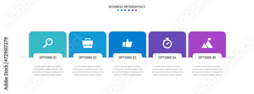 Timeline infographic with infochart. Modern presentation template with 5 spets for business process. Website template on white background for concept modern design. Horizontal layout.