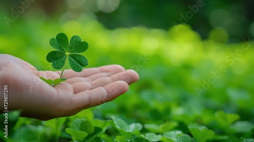  a person's hand holding a four - leafed clover in a field of green grass with a blurry background of grass and trees in the foreground.