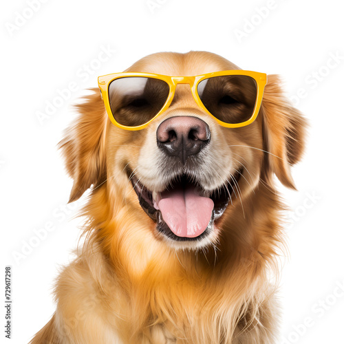 Beautiful Golden Retriever, a happy dog with sunglasses, close up and ready for the summer beach, Isolated on Transparent Background, PNG © Giu Studios