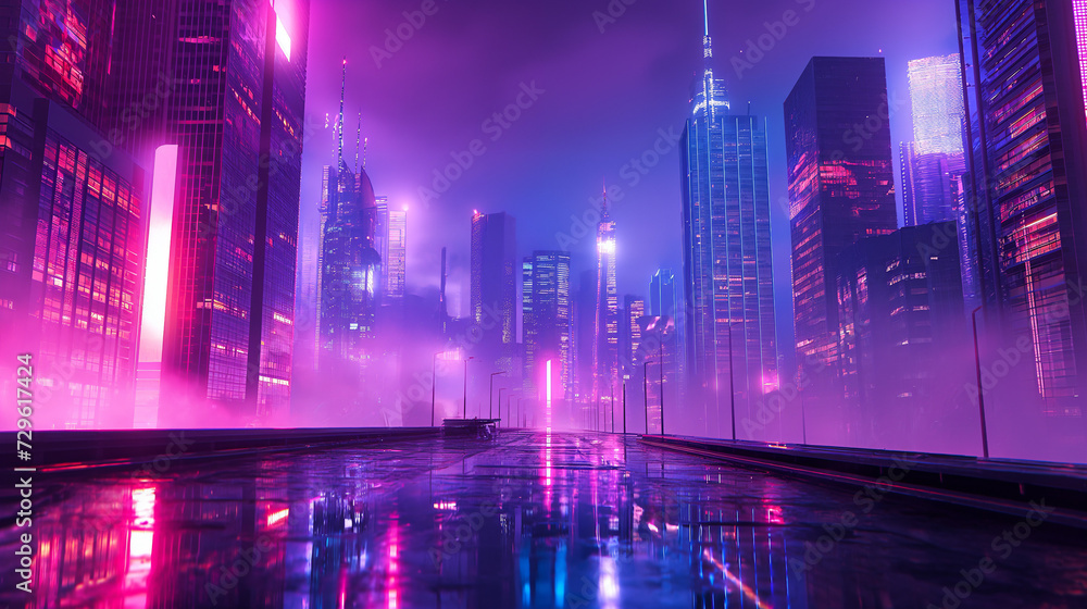 Futuristic Metropolis at Twilight: Vibrant Neon Lights Reflecting on Wet Urban Streets Amidst Skyscrapers Shrouded in Mist