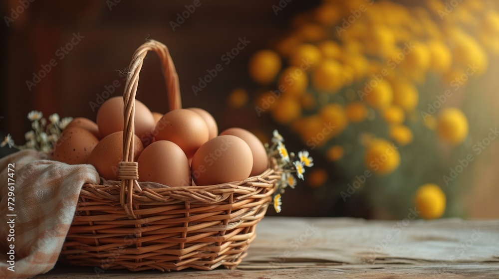 a basket of eggs sitting on top of a table next to a vase with yellow flowers and a cloth on the side of the basket and a vase with yellow flowers in the background. a basket of eggs sitting on top of a table next to a vase with yellow flowers and a cloth on the side of the basket and a vase with yellow flowers in the background.