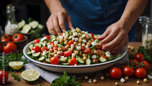 Mediterranean Chickpea Salad with Tomatoes, Cucumbers, and Feta, Hands Preparing a Fresh Dish.