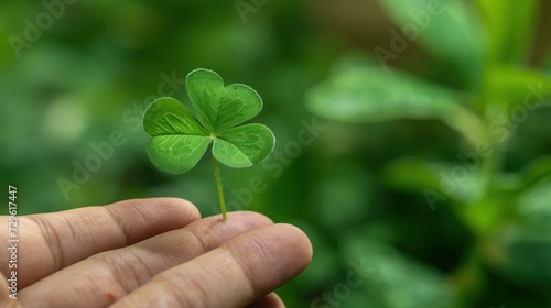  a hand holding a four leaf clover in the palm of it's left hand, with a blurry background of green leaves in the foreground and a blurry foreground.