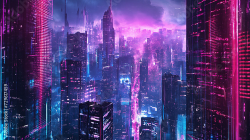 Cyberpunk Dreamscape  Neon Genesis of the Urban Horizon  Skyscrapers Veiled in Mystic Fog