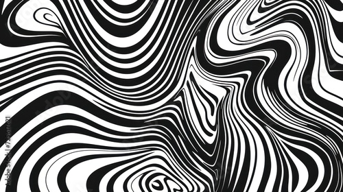 A black and white 2D contour showcases waves  swirls  and twisted patterns in a trendy retro psychedelic style  producing a twisted and distorted flat texture. This simple monochrome image represents 