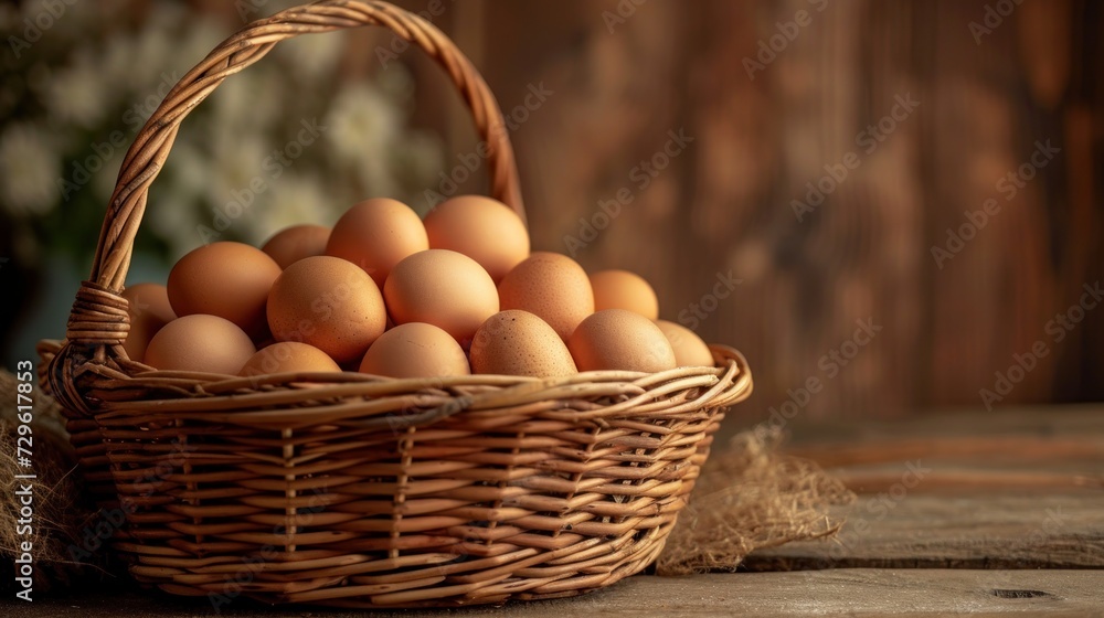 a wicker basket filled with brown eggs on top of a wooden table next to a vase of flowers and a vase of white flowers on the side of wood. a wicker basket filled with brown eggs on top of a wooden table next to a vase of flowers and a vase of white flowers on the side of wood.