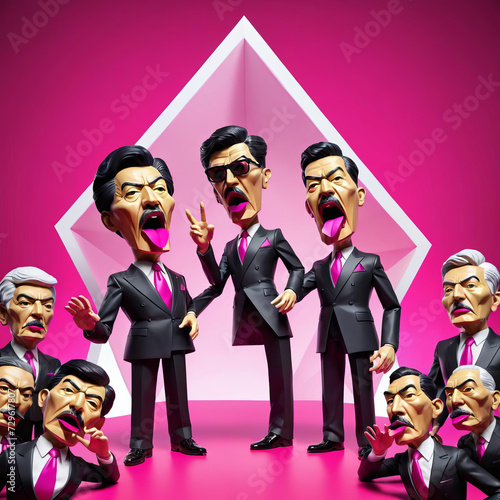 Supreme Leader's Mind Control - Illuminati scene with celebrity puppets and exaggerated low poly designs Gen AI photo