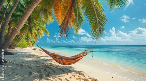 Relaxing in a hammock on a remote, palm-fringed tropical beach