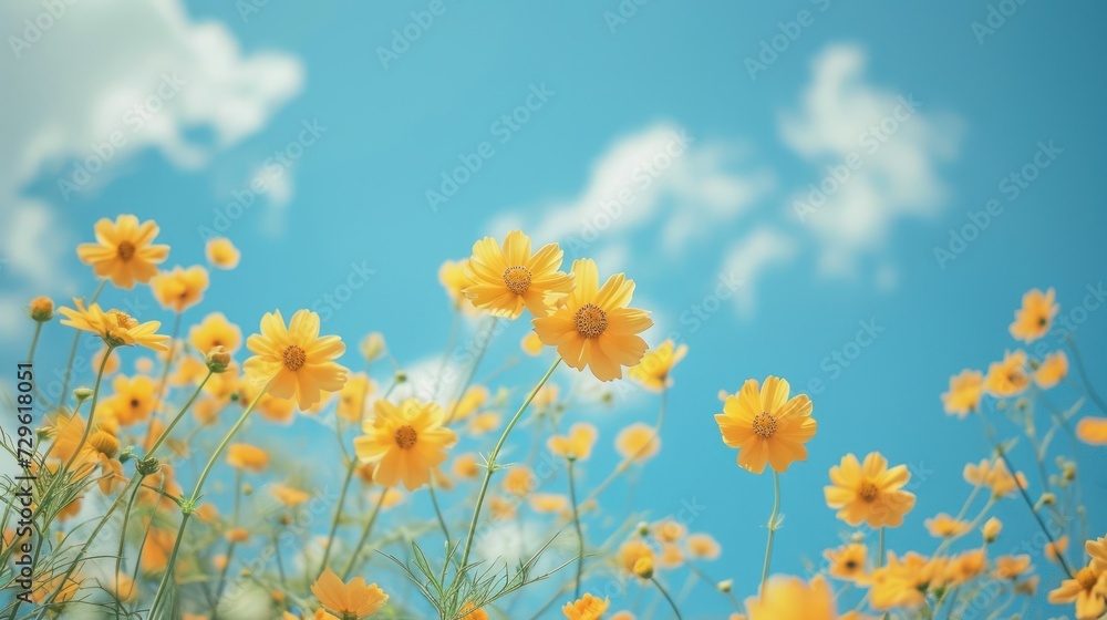  a field full of yellow flowers with a blue sky and clouds in the backgrounnd of the image is a photograph of a field full of yellow flowers with a blue sky and clouds in the background.