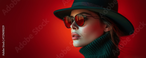 a cool young woman with sunglasses and hat in front of a red background