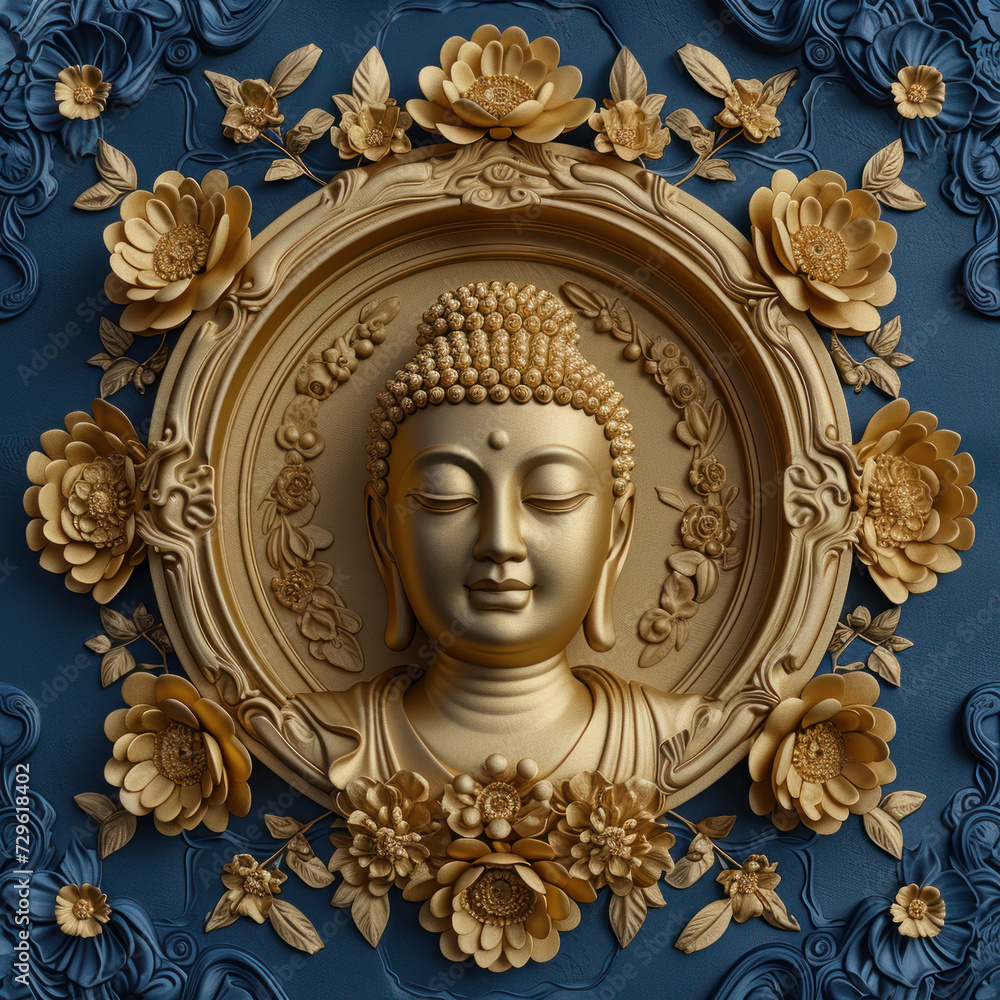 a gold buddha with flowers surrounded by a blue background