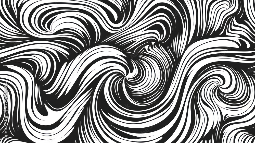 A black and white 2D contour showcases waves, swirls, and twisted patterns in a trendy retro psychedelic style, producing a twisted and distorted flat texture. This simple monochrome image represents 
