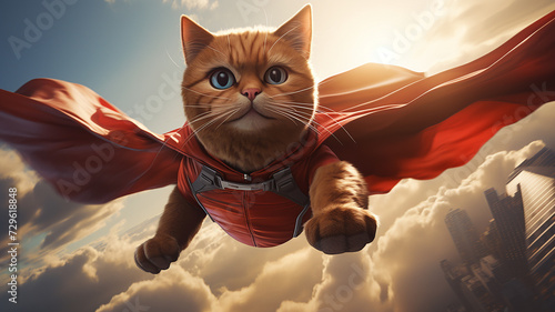 superhero cat, Cute orange tabby kitty with a blue cloak and mask jumping and flying on light blue background with copy space. The concept of a superhero, super cat, leader, funny animal studio shot © Studio Art