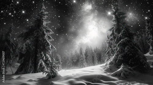  a black and white photo of a snowy forest at night with stars in the sky and a full moon in the sky above the snow covered trees and snow covered ground.