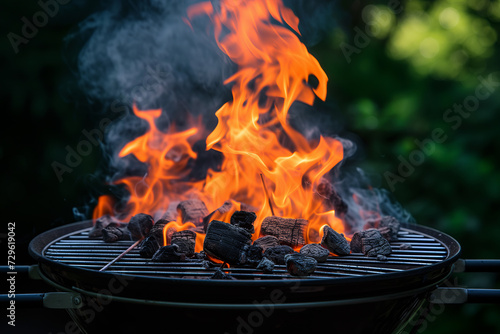 Charcoal Barbecue Grill with Lively Flames and Smoke