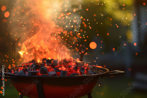 Glowing Charcoal and Flames on Barbecue Grill