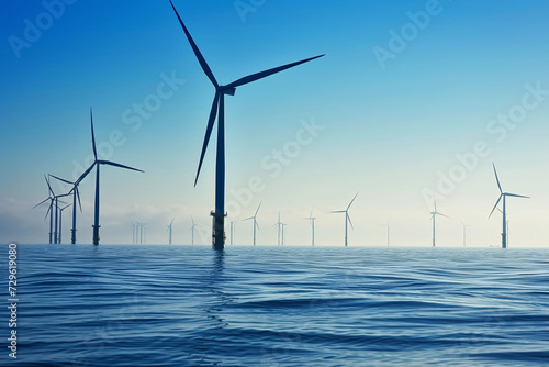 Offshore windfarm concept, wind turbines installed out in the ocean