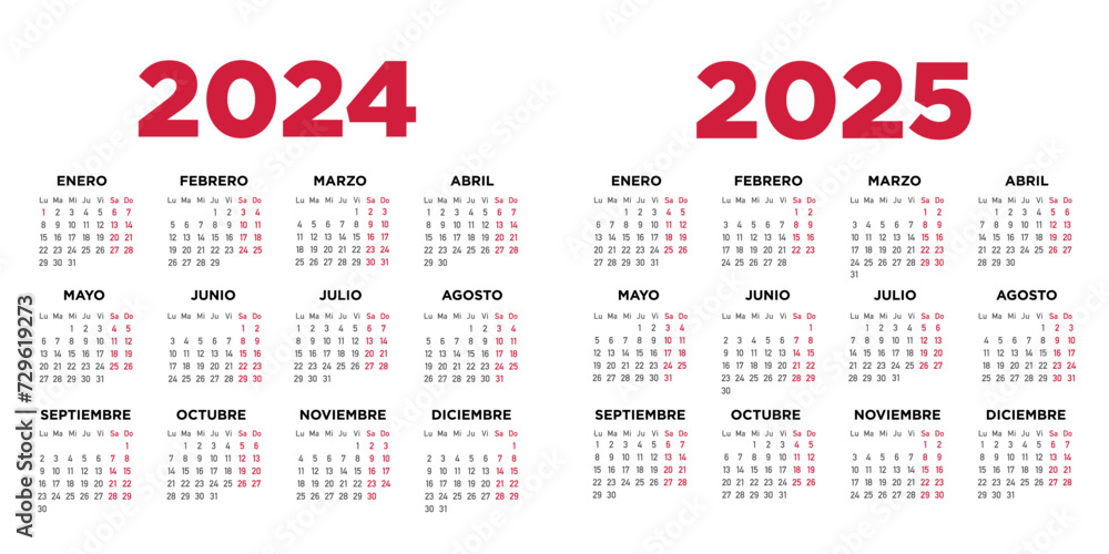 Calendario 2024 2025 en español. Semana comienza el lunes. Sábados y Calendario 2024 2025 en español. Semana comienza el lunes. Sábados y